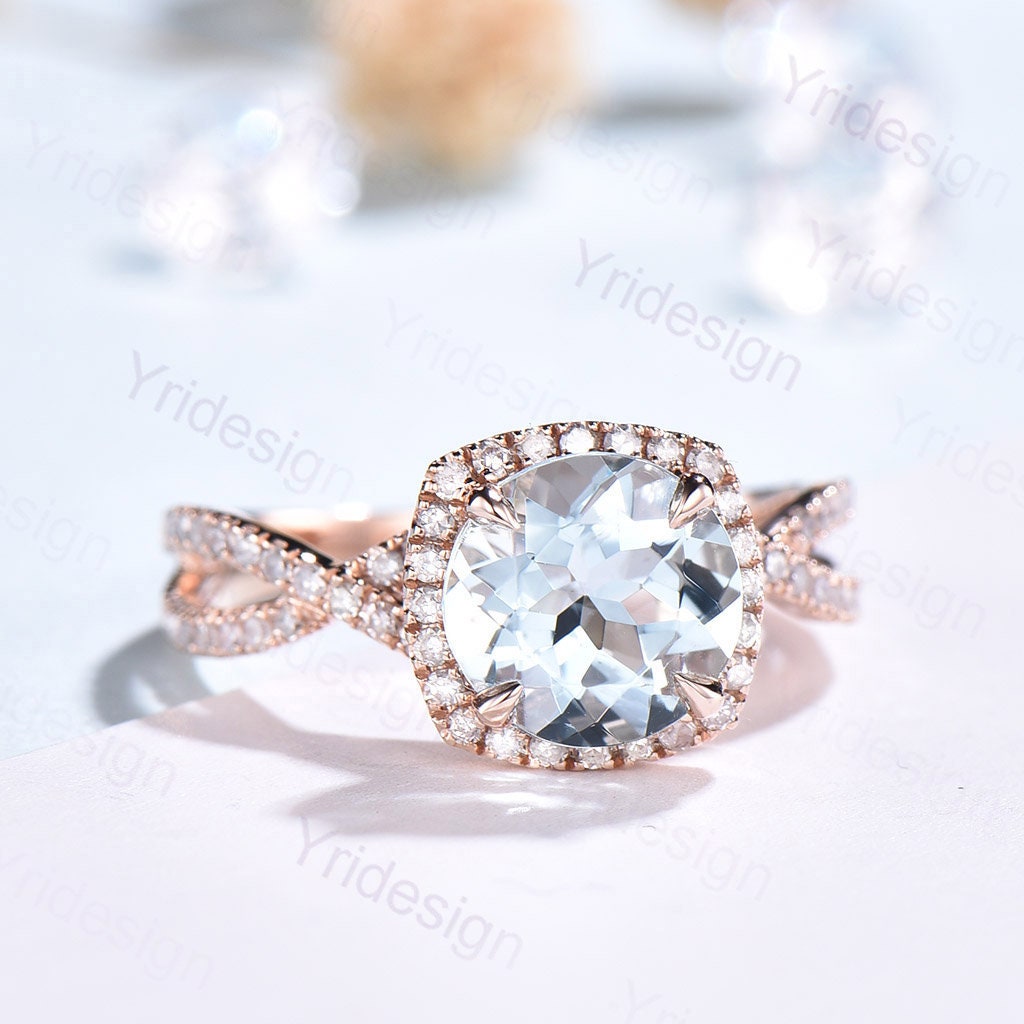 Aquamarine Engagement Ring: Rose Gold Halo, Twisted Diamond Band