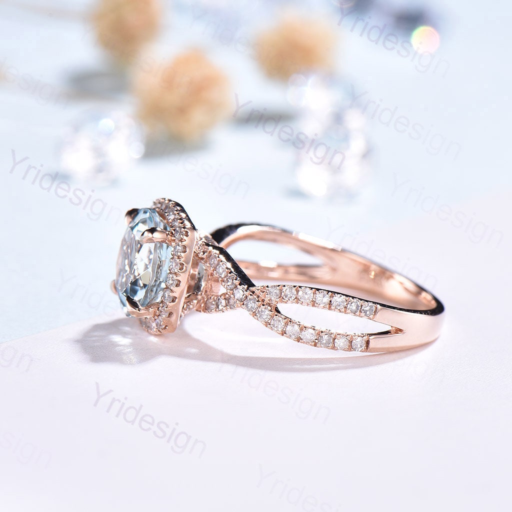 Aquamarine Engagement Ring: Rose Gold Halo, Twisted Diamond Band