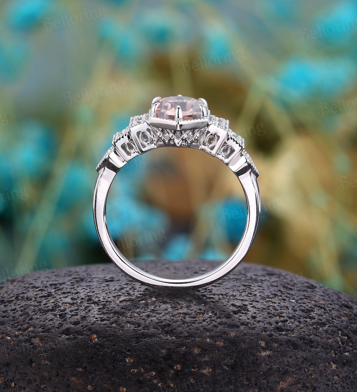 Morganite engagement ring white gold wedding ring Art deco Vintage engagement ring Unique Moissanite Wedding Bridal promise Anniversary ring