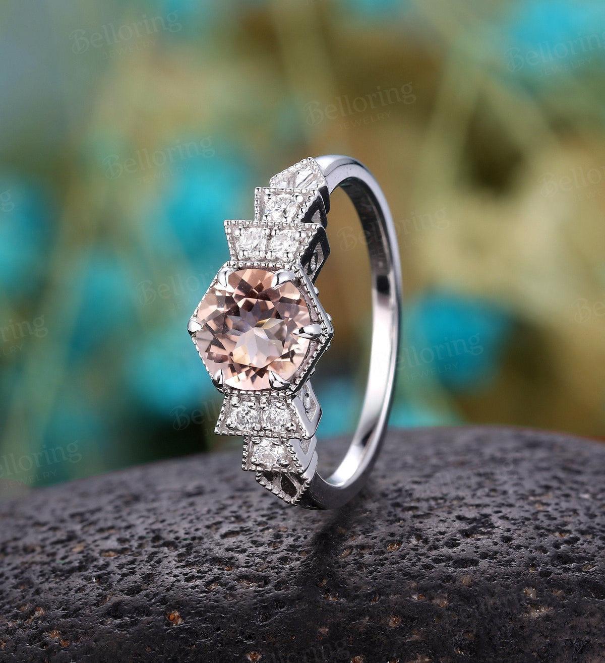 Morganite engagement ring white gold wedding ring Art deco Vintage engagement ring Unique Moissanite Wedding Bridal promise Anniversary ring