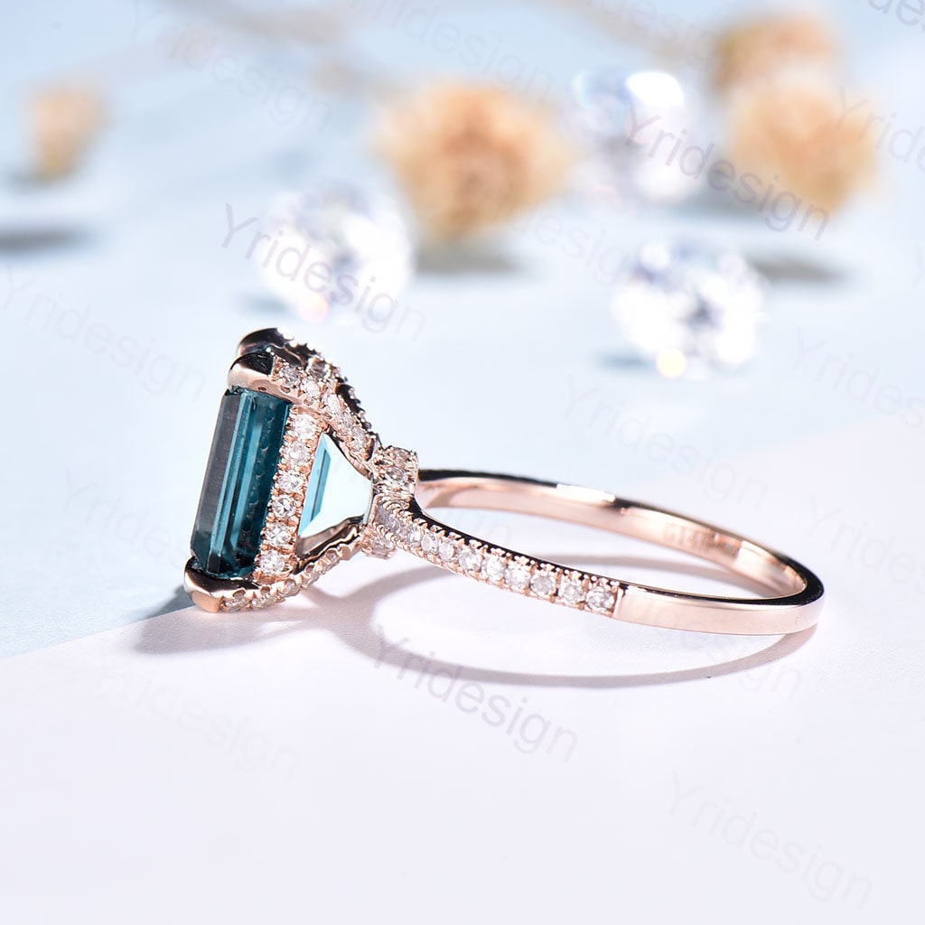 Rose Gold Emerald Cut Alexandrite Engagement Ring, Diamond Accents