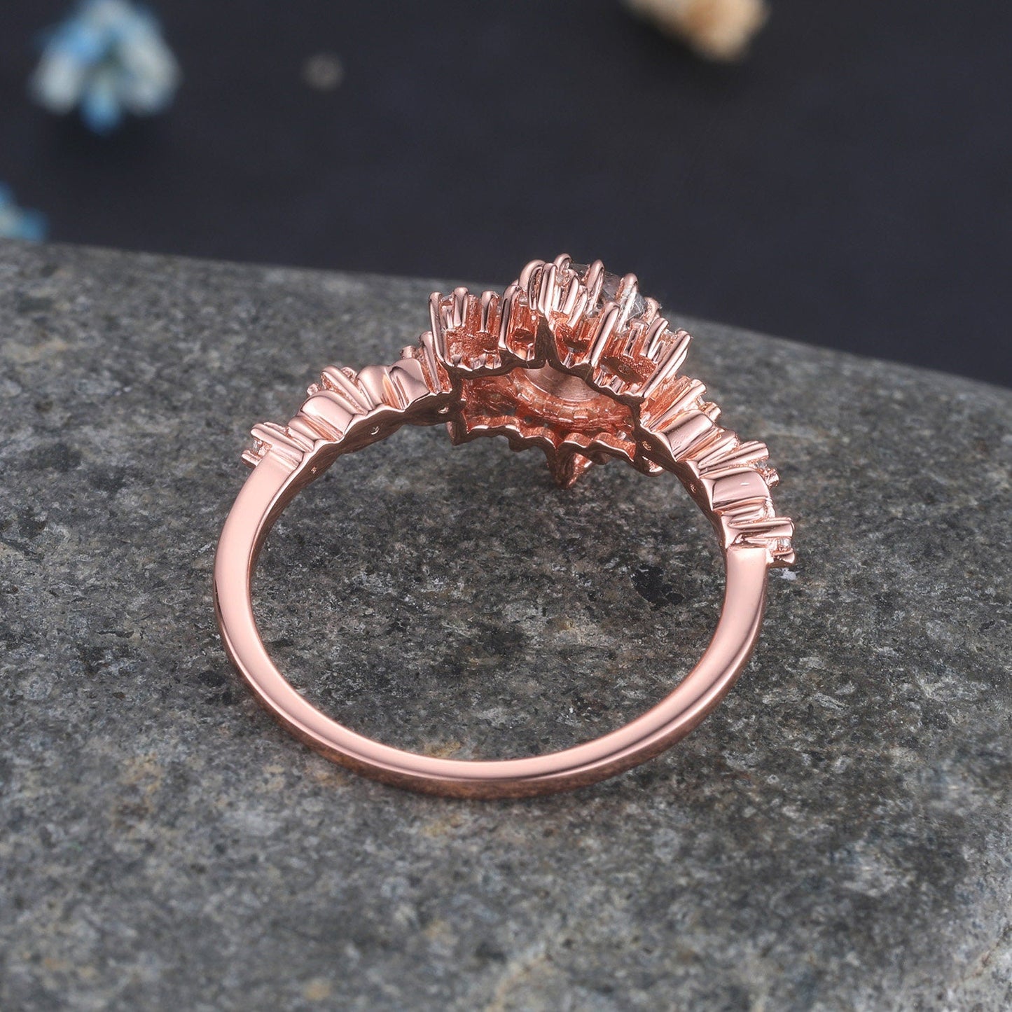 Black Rutilated Quartz Engagement Ring Rose Gold Antique Diamond Halo Wedding Ring Round Quartz Minimalist Floral Bridal Jewelry