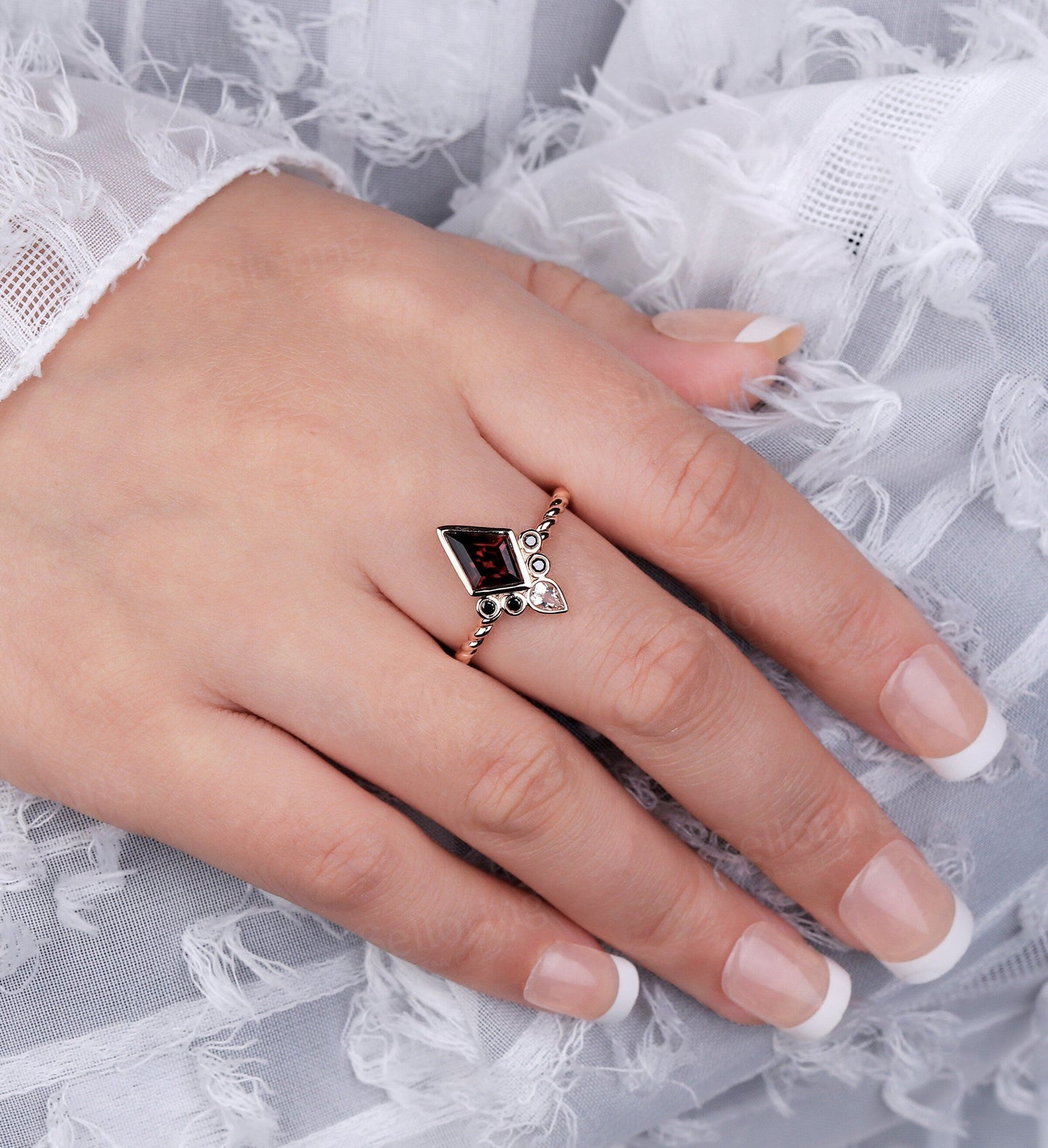 Kite shaped Garnet Engagement Ring/ vintage rose gold twisted band ring/Art Deco unique black diamond wedding ring/ Anniversary ring