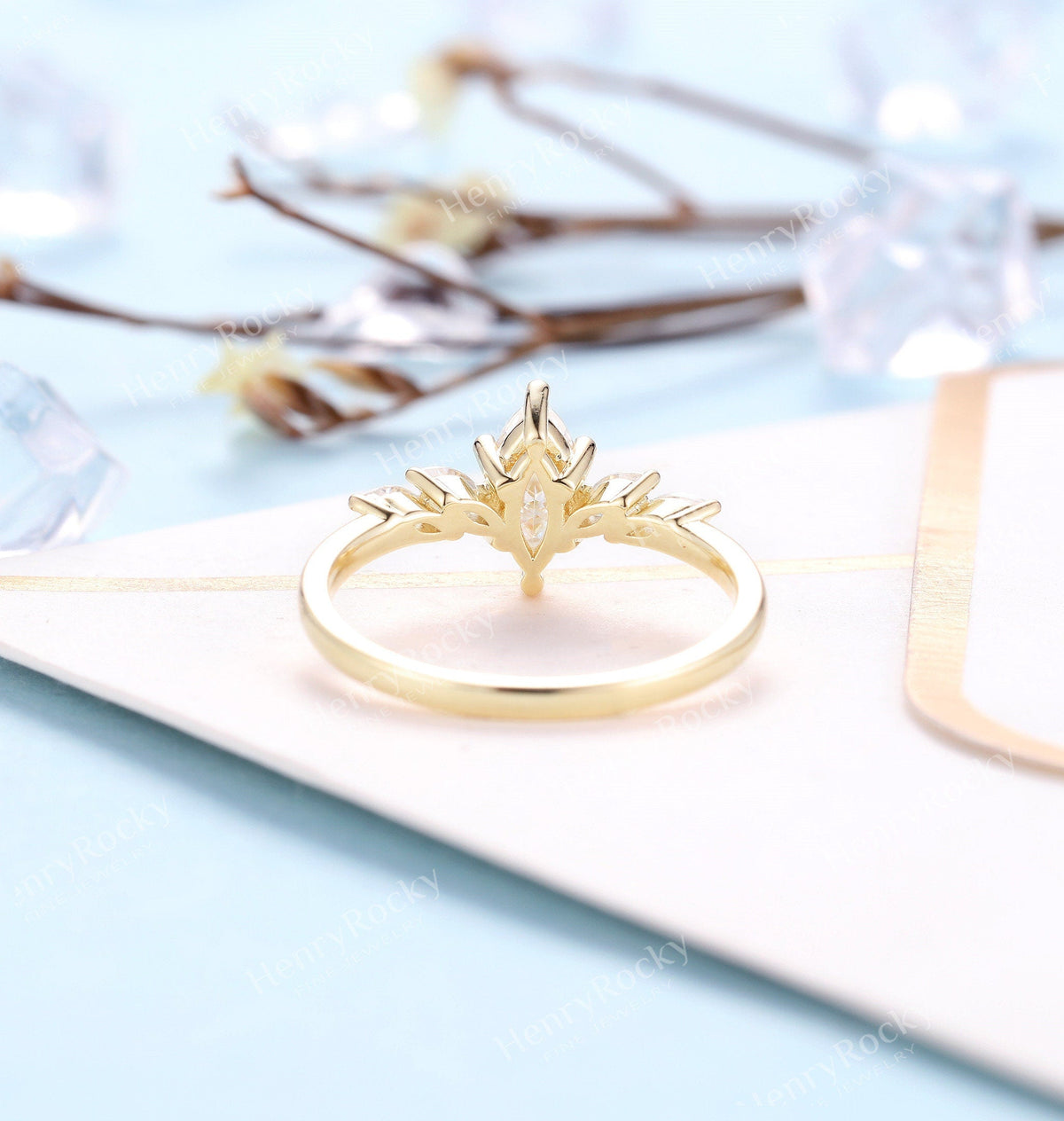 Vintage moissanite engagement ring Yellow gold | Art deco wedding ring | Marquise shaped antique ring | Anniversary promise rings for women