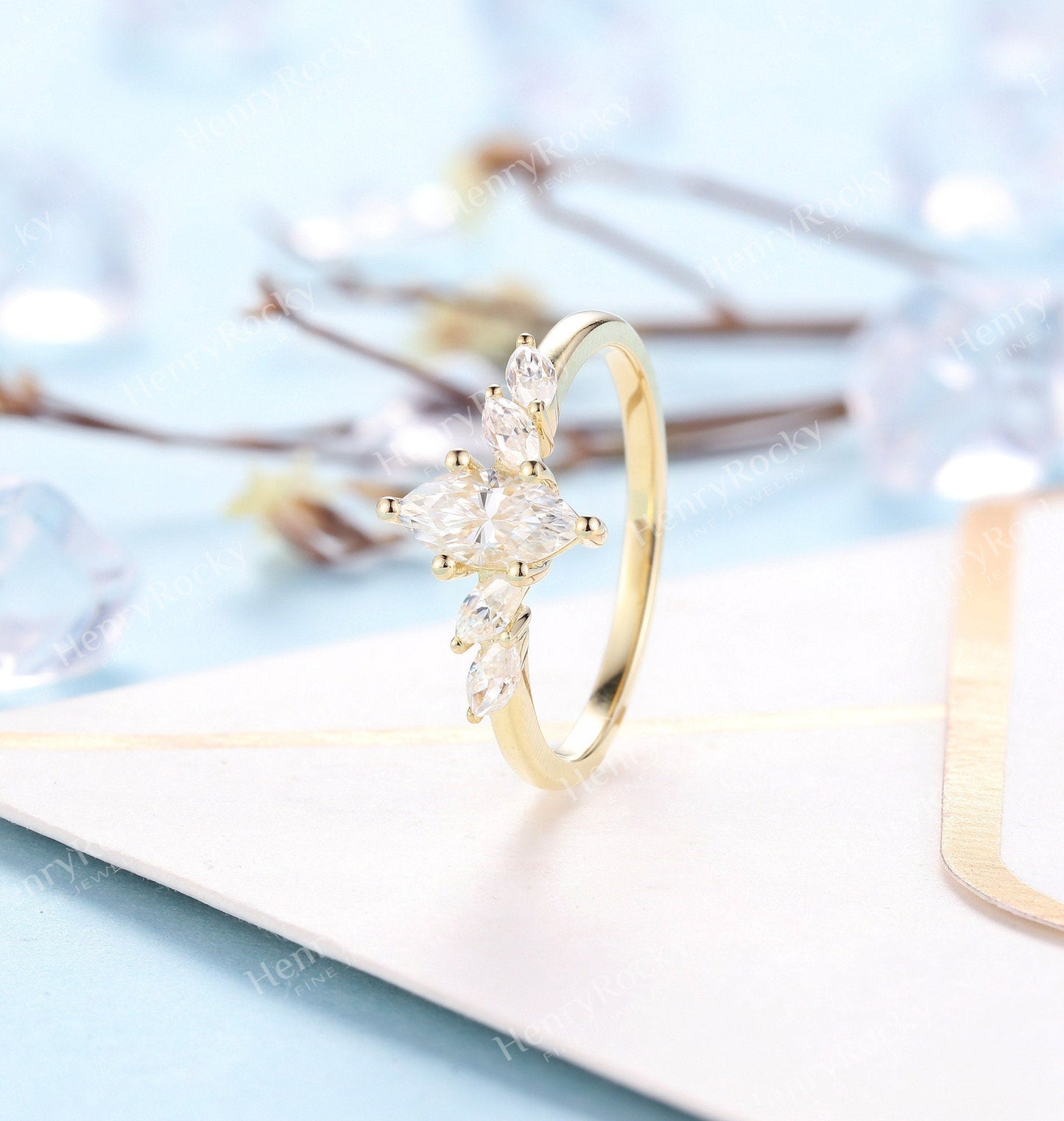 Vintage moissanite engagement ring Yellow gold | Art deco wedding ring | Marquise shaped antique ring | Anniversary promise rings for women