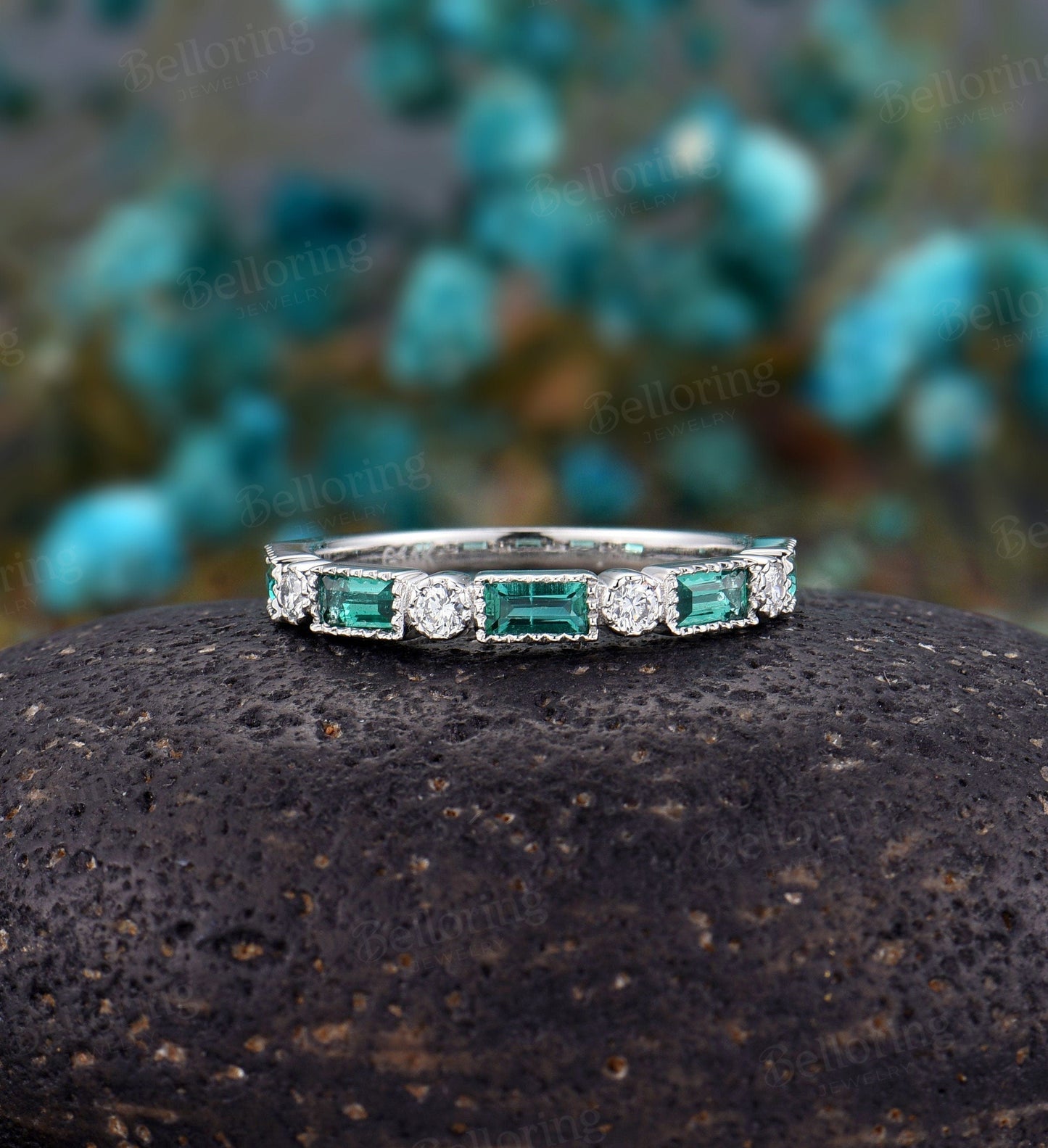 14k White Gold wedding band  Baguette Emerald diamond stacking dainty half eternity matching promise anniversary wedding ring vintage band
