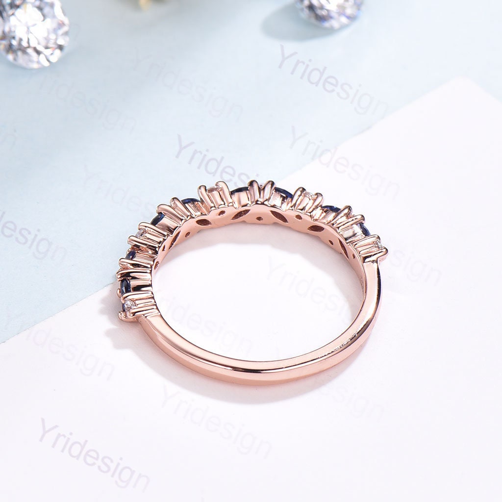 Vintage Sapphire Wedding band women rose gold marquise cut wedding band Matching Stacking half eternity Promise Simple Anniversary ring