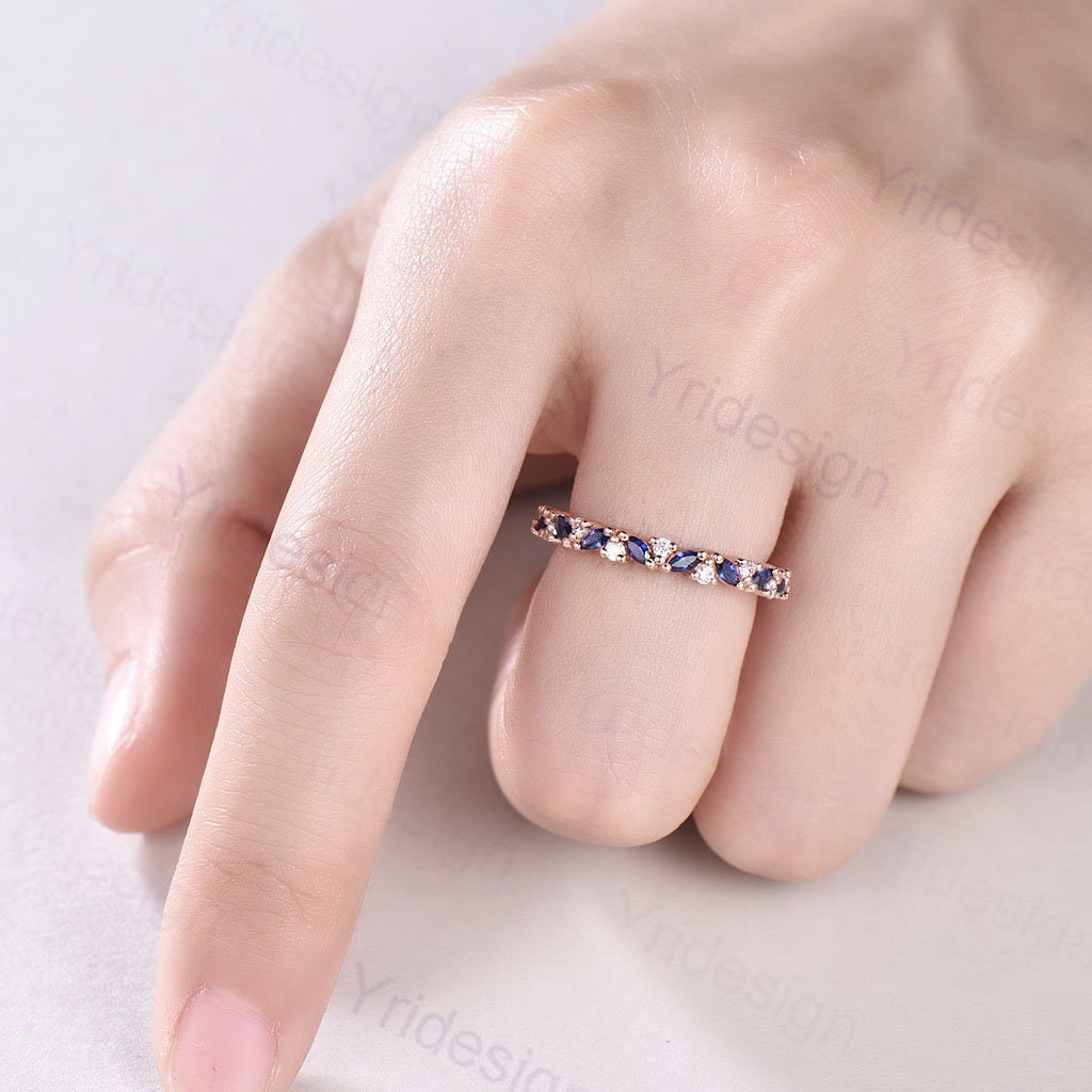 Vintage Sapphire Wedding band women rose gold marquise cut wedding band Matching Stacking half eternity Promise Simple Anniversary ring