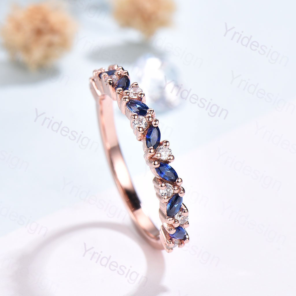 Vintage Sapphire Wedding band women rose gold marquise cut wedding band Matching Stacking half eternity Promise Simple Anniversary ring