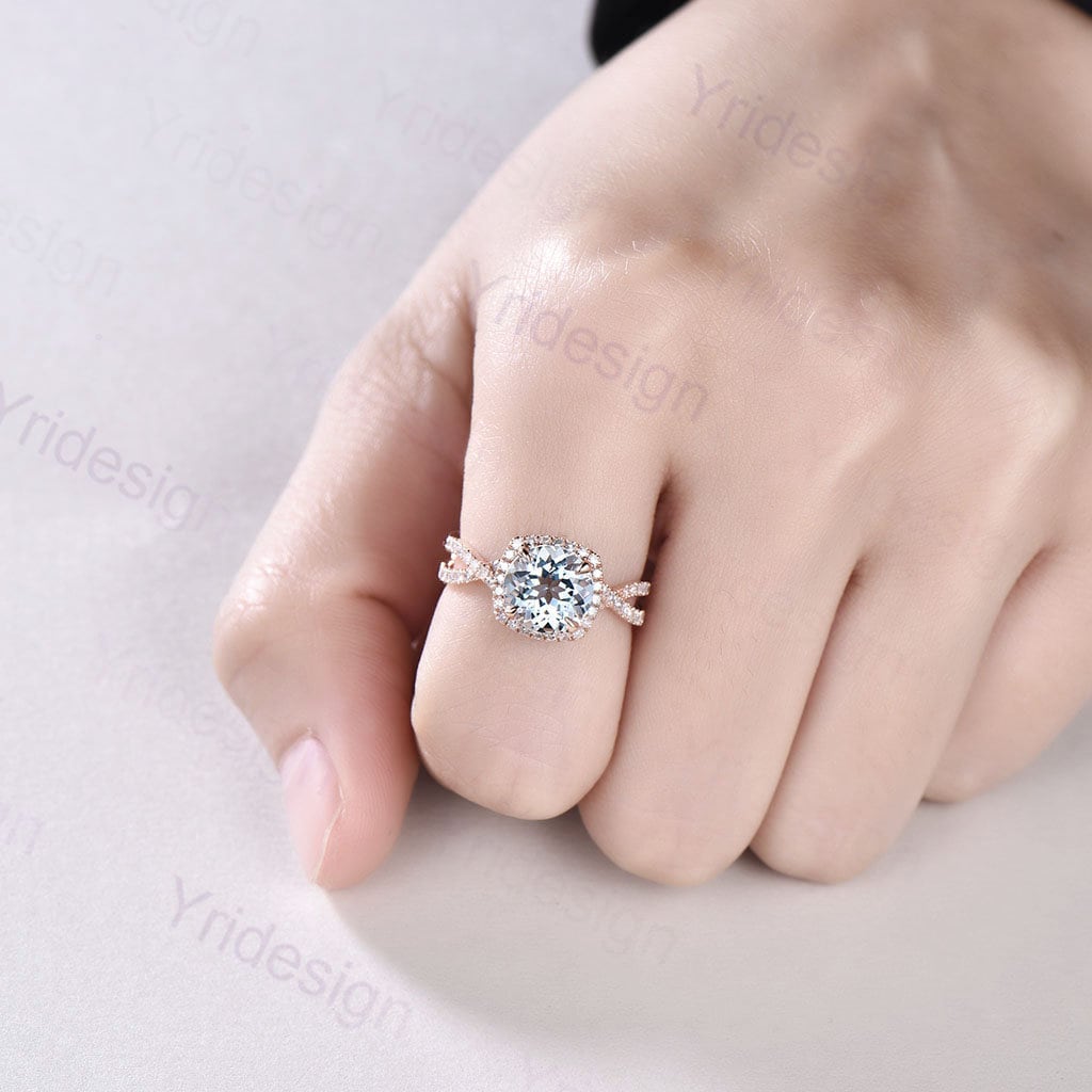 Aquamarine Engagement Ring: Rose Gold Halo, Twisted Diamond Band