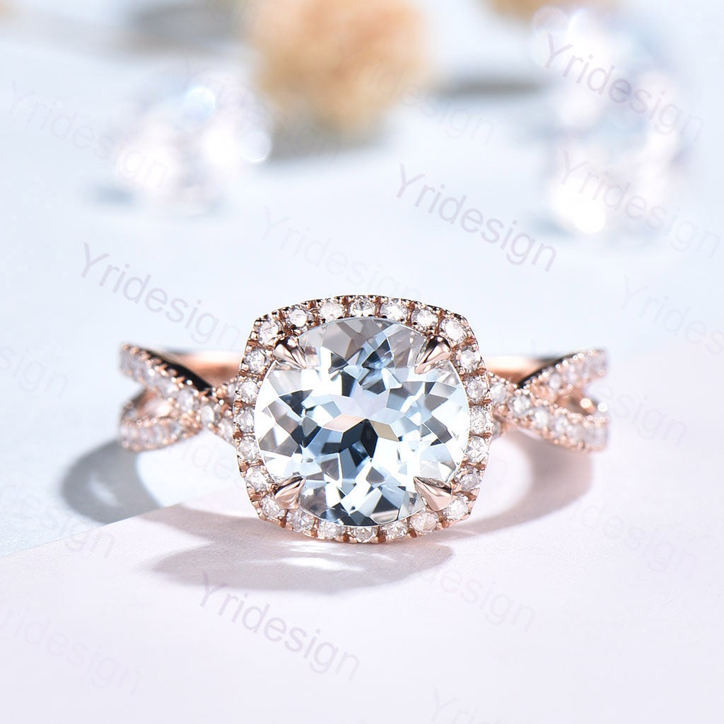 Aquamarine Engagement Ring: Rose Gold Halo, Twisted Diamond Band