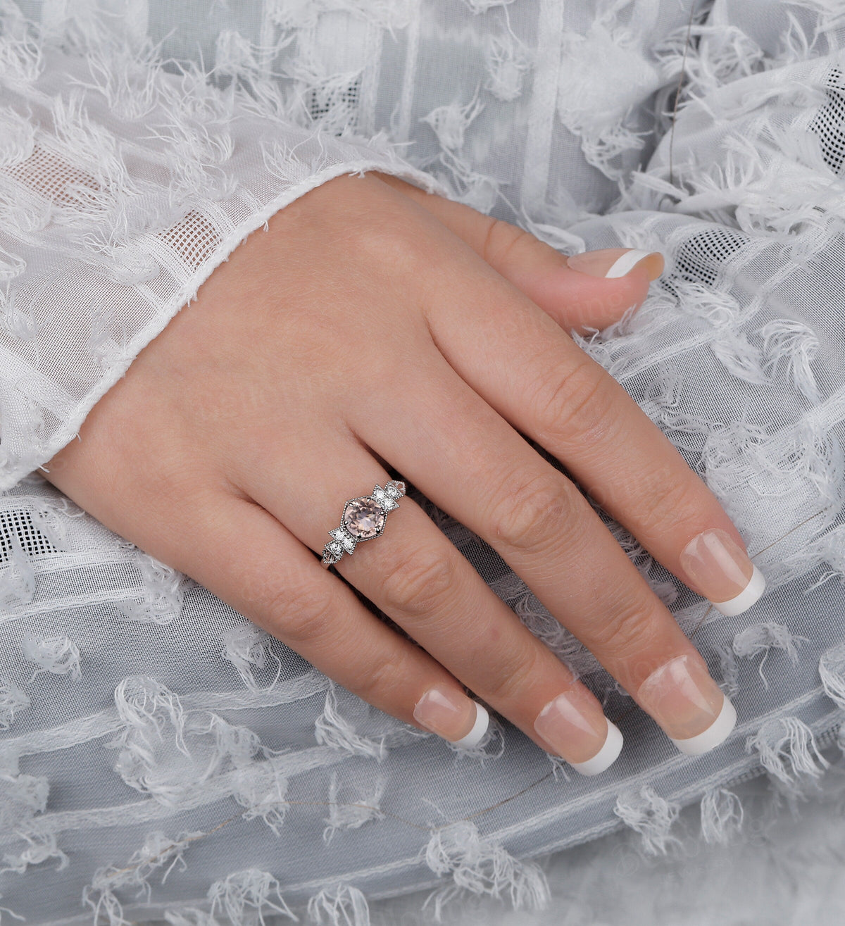 Morganite engagement ring white gold wedding ring Art deco Vintage engagement ring Unique Moissanite Wedding Bridal promise Anniversary ring