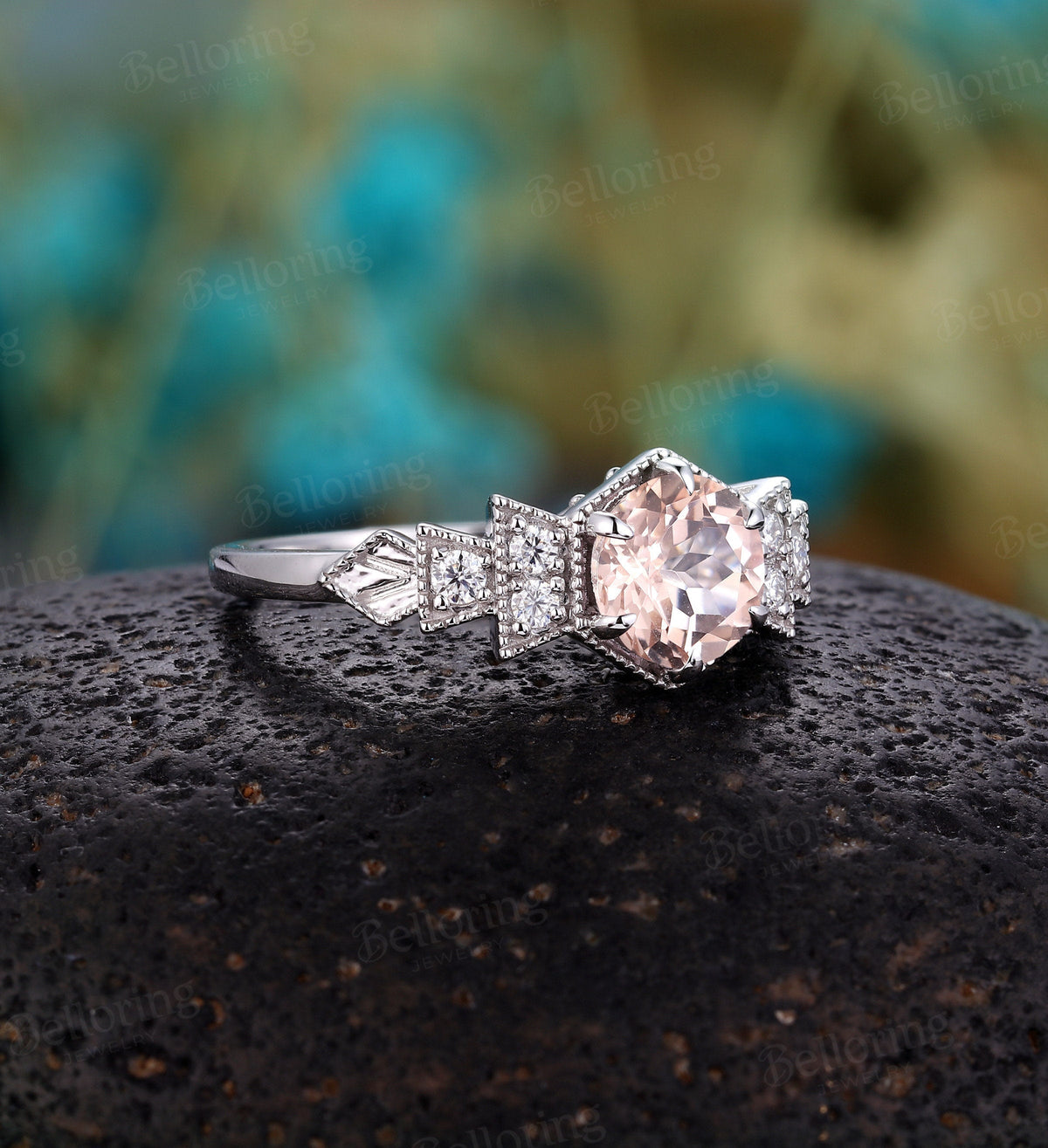 Morganite engagement ring white gold wedding ring Art deco Vintage engagement ring Unique Moissanite Wedding Bridal promise Anniversary ring