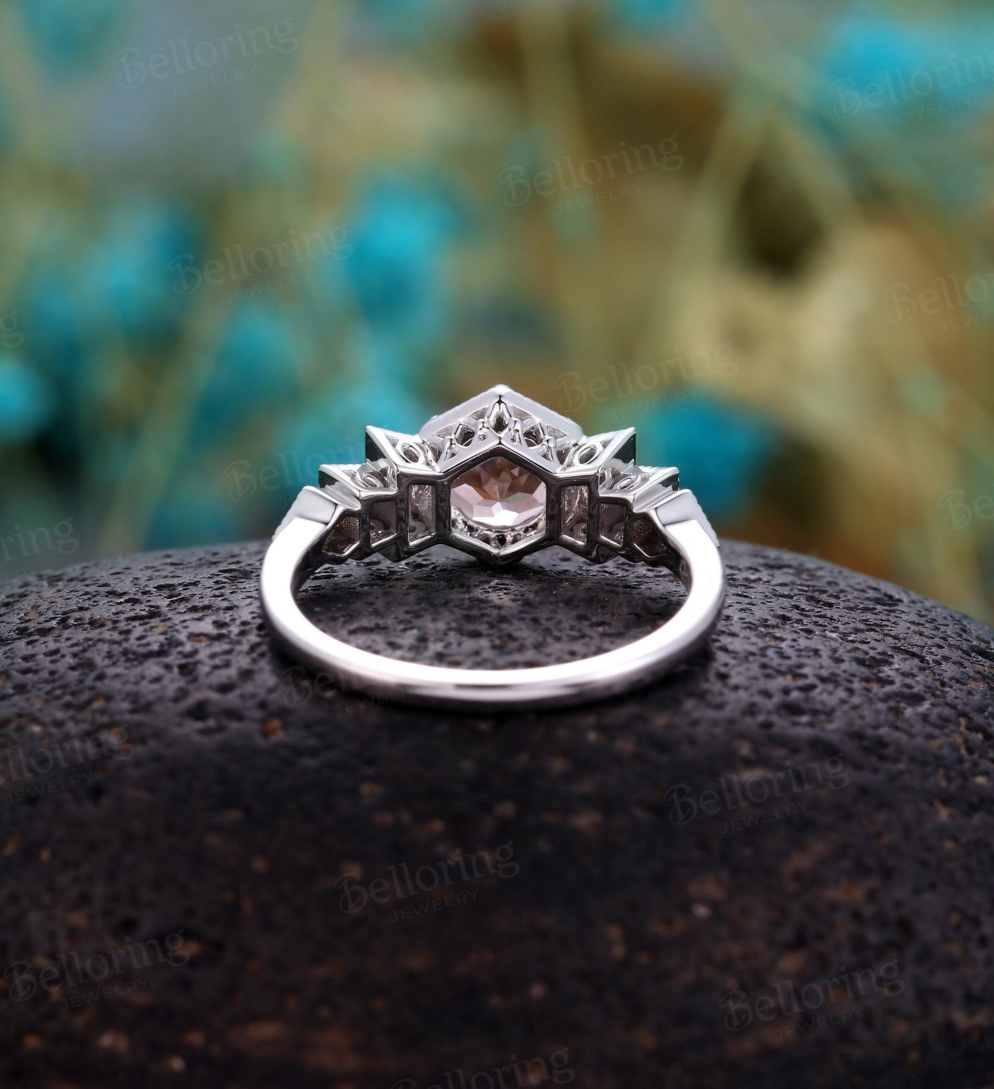 Morganite engagement ring white gold wedding ring Art deco Vintage engagement ring Unique Moissanite Wedding Bridal promise Anniversary ring