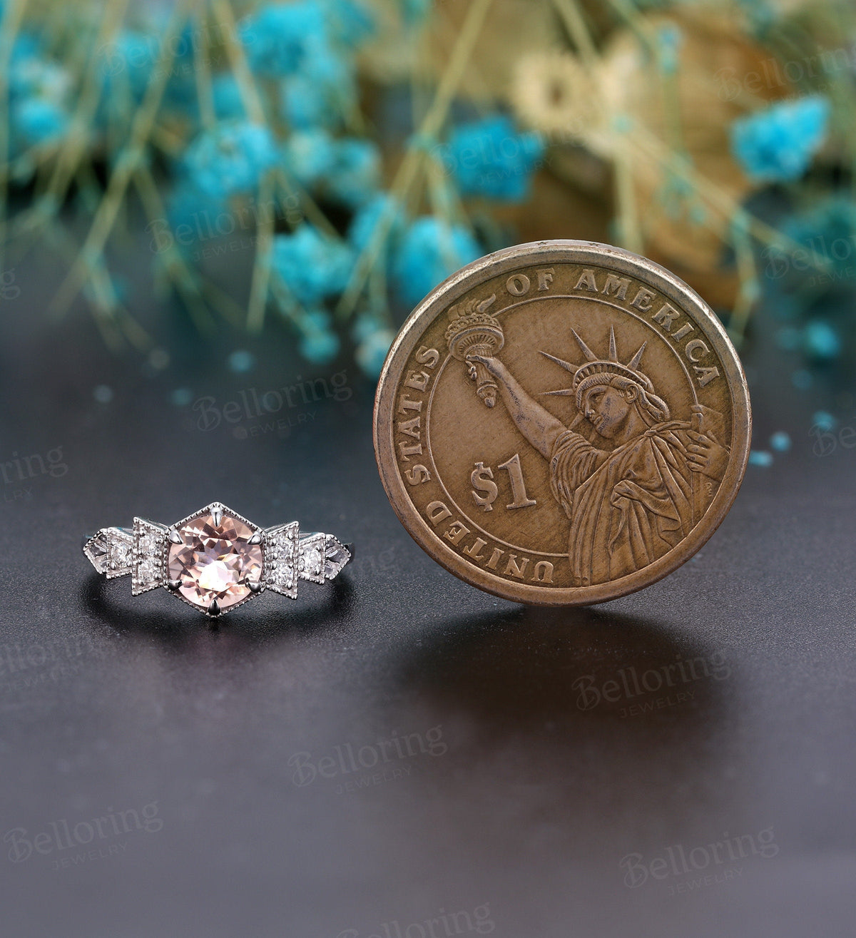 Morganite engagement ring white gold wedding ring Art deco Vintage engagement ring Unique Moissanite Wedding Bridal promise Anniversary ring
