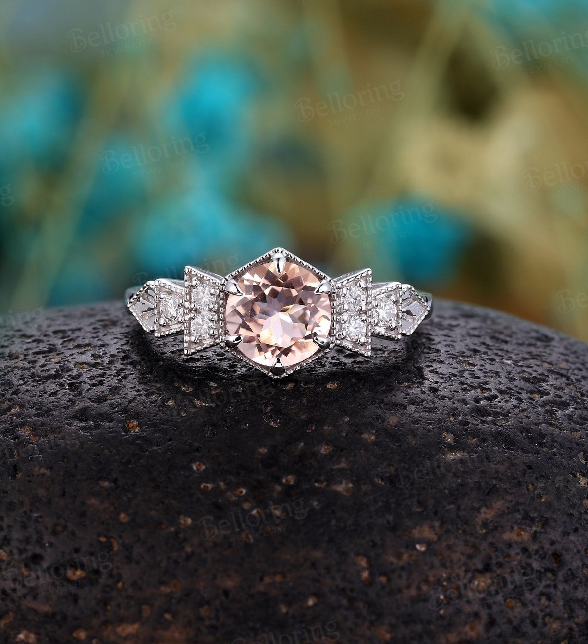 Morganite engagement ring white gold wedding ring Art deco Vintage engagement ring Unique Moissanite Wedding Bridal promise Anniversary ring