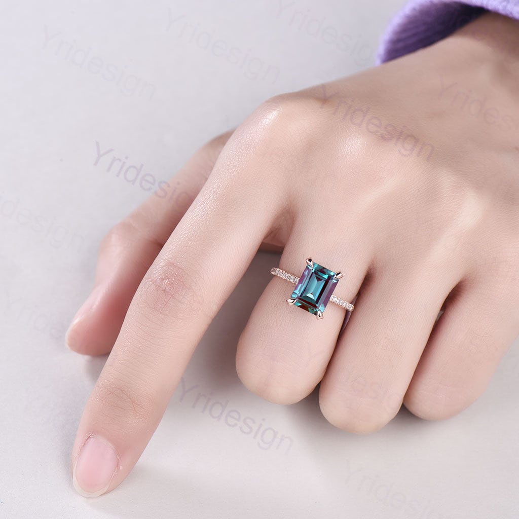 Rose Gold Emerald Cut Alexandrite Engagement Ring, Diamond Accents