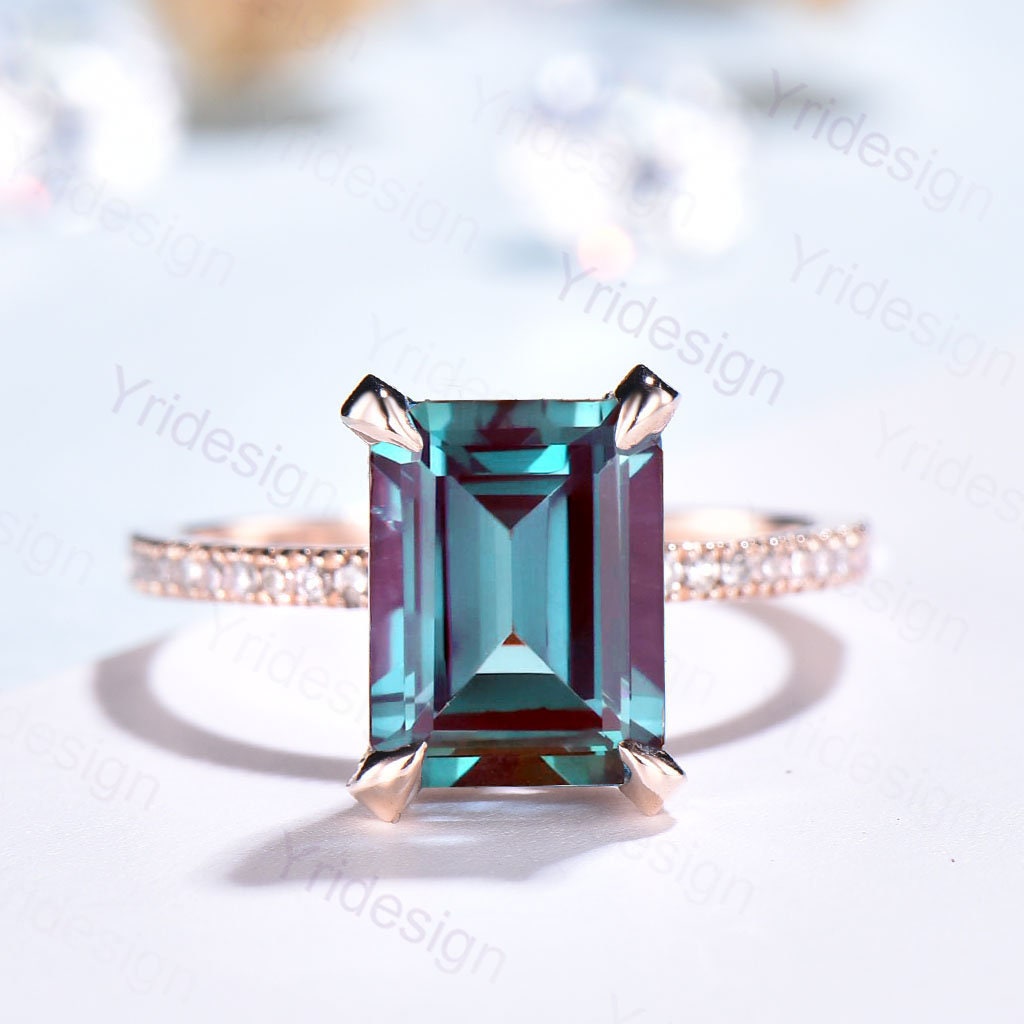 Rose Gold Emerald Cut Alexandrite Engagement Ring, Diamond Accents