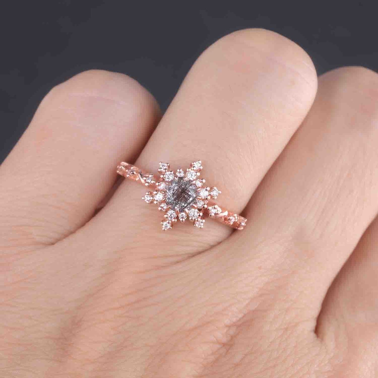 Black Rutilated Quartz Engagement Ring Rose Gold Antique Diamond Halo Wedding Ring Round Quartz Minimalist Floral Bridal Jewelry