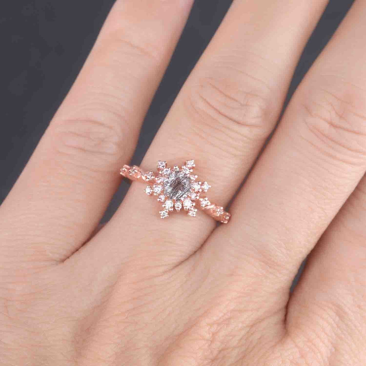 Black Rutilated Quartz Engagement Ring Rose Gold Antique Diamond Halo Wedding Ring Round Quartz Minimalist Floral Bridal Jewelry
