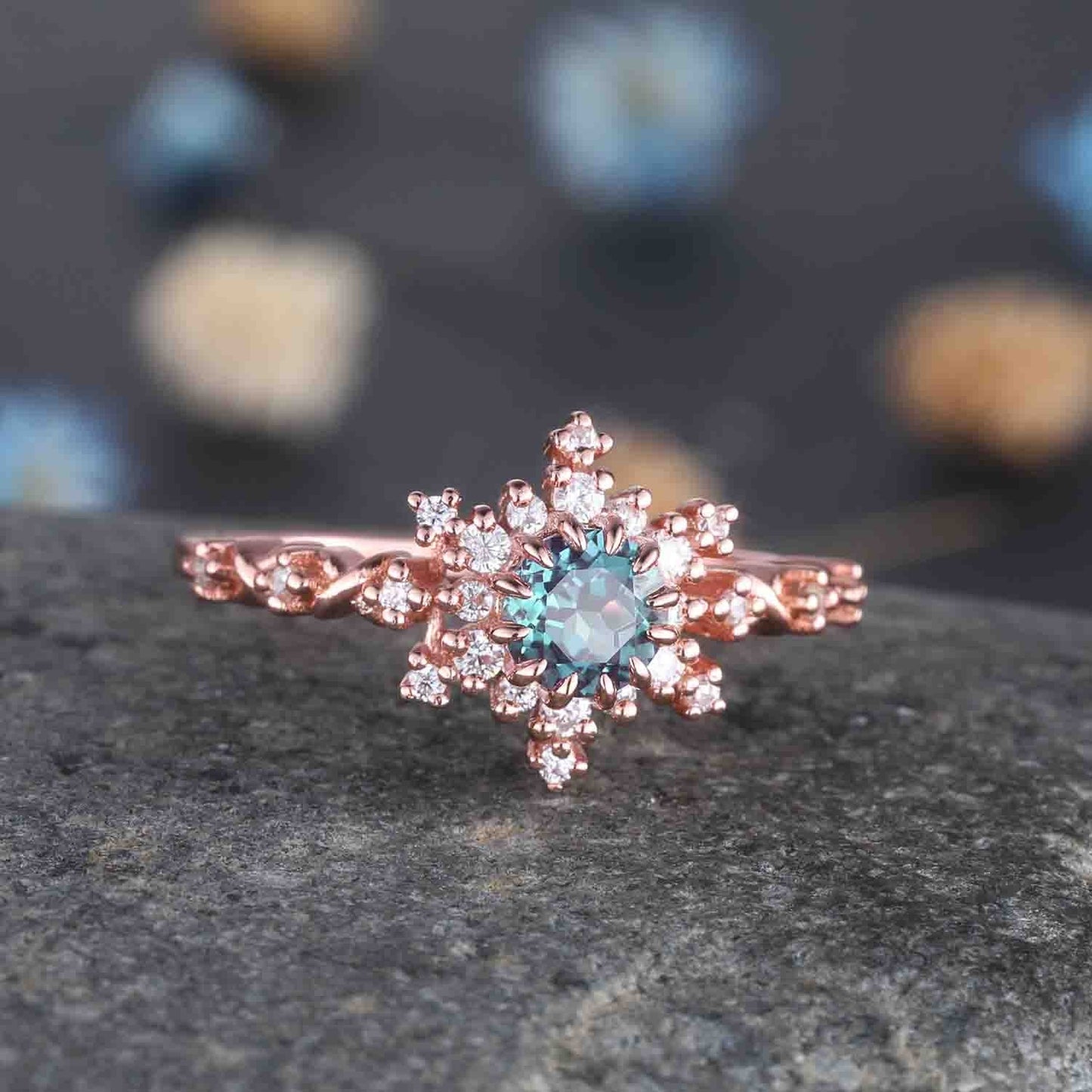 Black Rutilated Quartz Engagement Ring Rose Gold Antique Diamond Halo Wedding Ring Round Quartz Minimalist Floral Bridal Jewelry