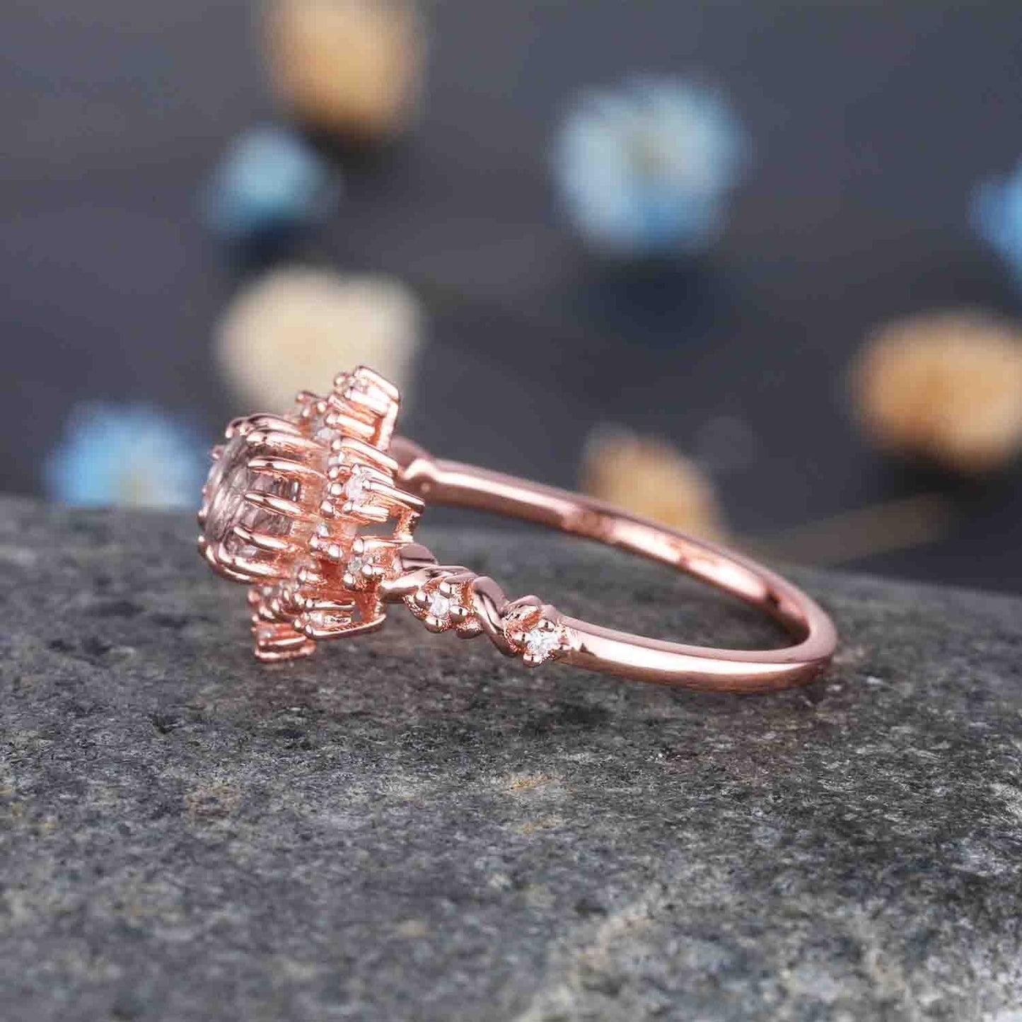 Black Rutilated Quartz Engagement Ring Rose Gold Antique Diamond Halo Wedding Ring Round Quartz Minimalist Floral Bridal Jewelry