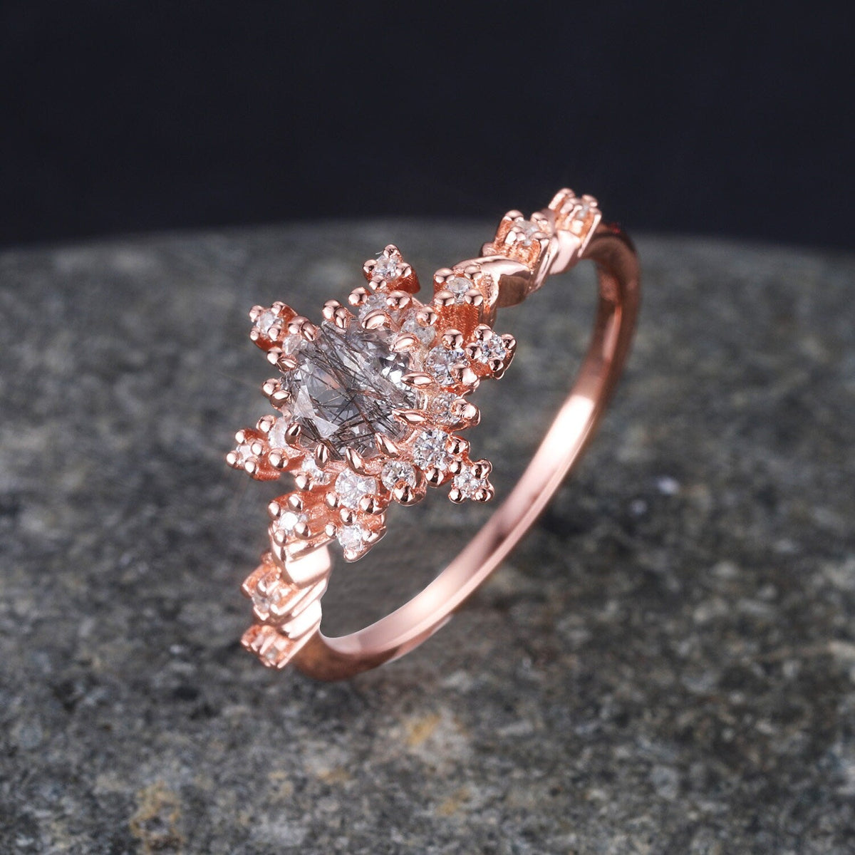 Black Rutilated Quartz Engagement Ring Rose Gold Antique Diamond Halo Wedding Ring Round Quartz Minimalist Floral Bridal Jewelry