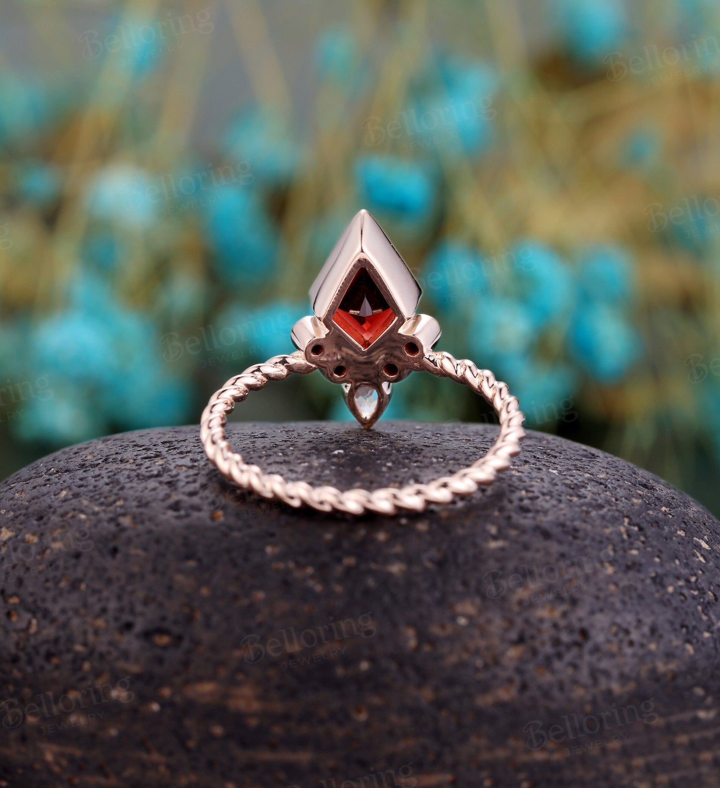 Kite shaped Garnet Engagement Ring/ vintage rose gold twisted band ring/Art Deco unique black diamond wedding ring/ Anniversary ring