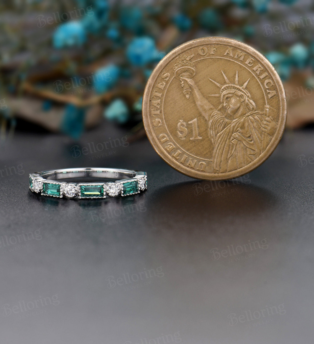 14k White Gold wedding band  Baguette Emerald diamond stacking dainty half eternity matching promise anniversary wedding ring vintage band