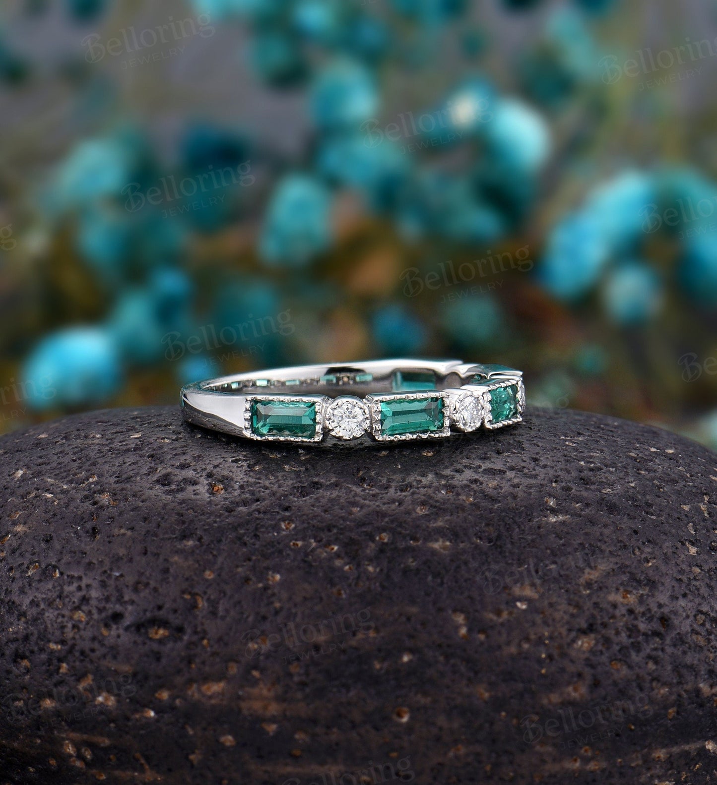 14k White Gold wedding band  Baguette Emerald diamond stacking dainty half eternity matching promise anniversary wedding ring vintage band