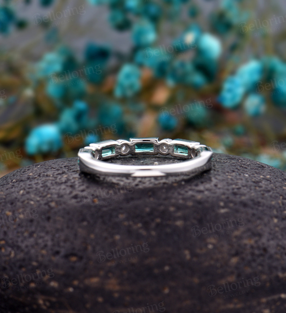 14k White Gold wedding band  Baguette Emerald diamond stacking dainty half eternity matching promise anniversary wedding ring vintage band