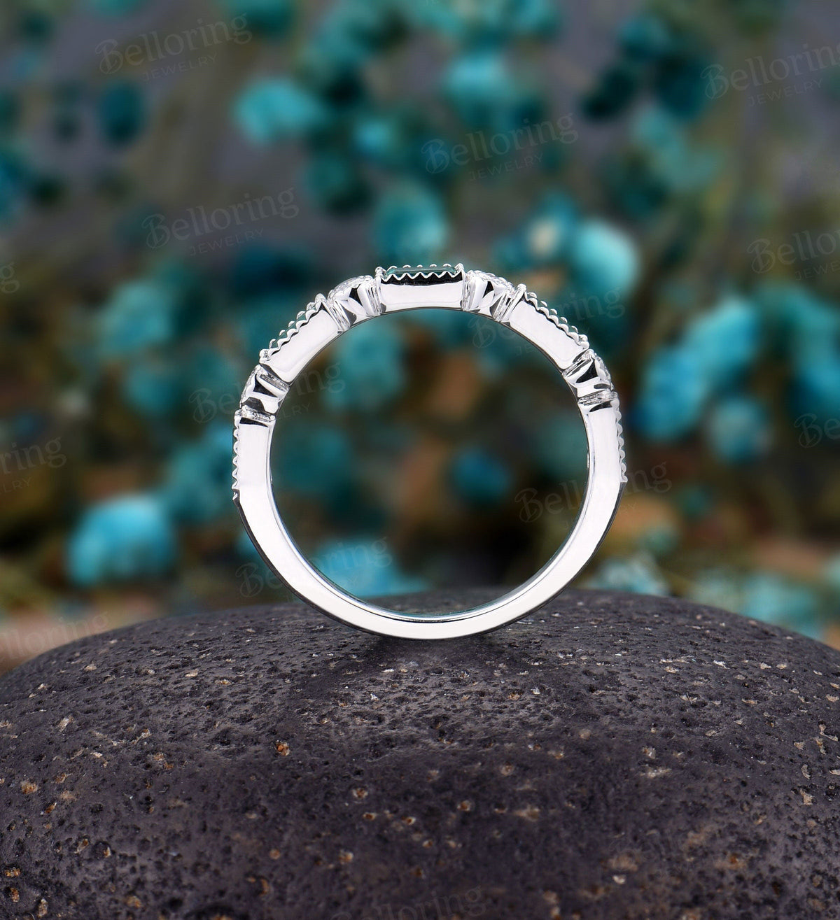 14k White Gold wedding band  Baguette Emerald diamond stacking dainty half eternity matching promise anniversary wedding ring vintage band