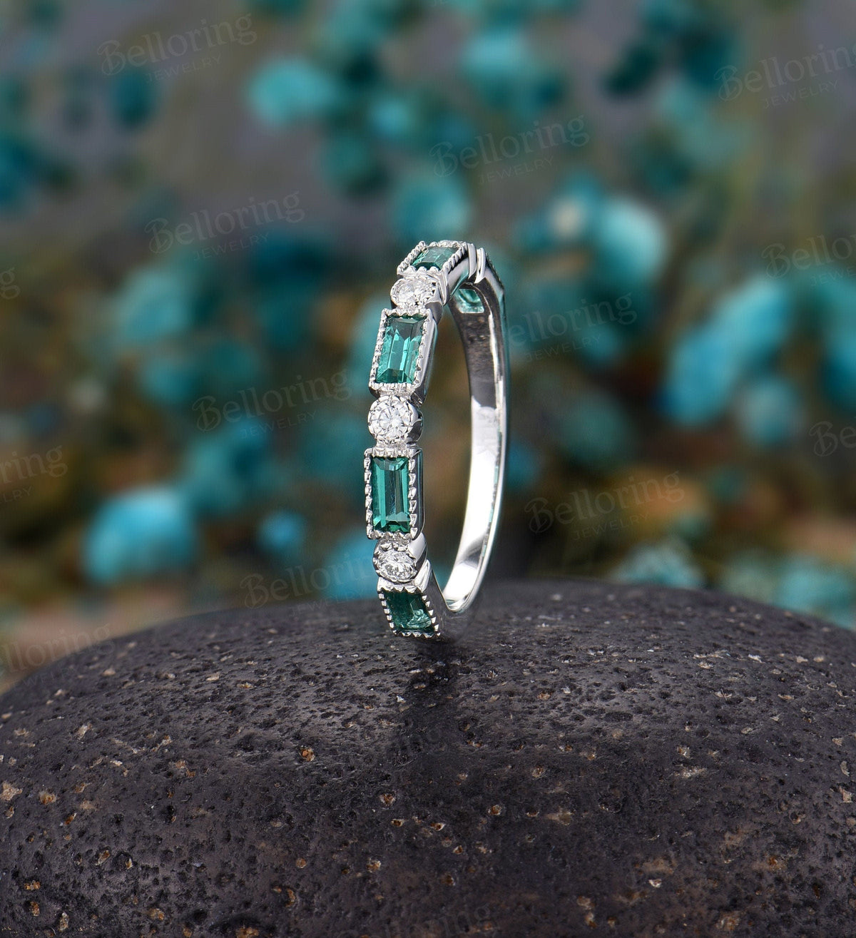 14k White Gold wedding band  Baguette Emerald diamond stacking dainty half eternity matching promise anniversary wedding ring vintage band