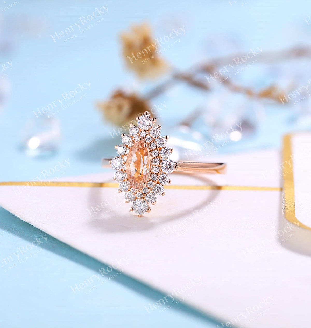 Antique Morganite engagement ring rose gold women | Vintage Marquise cut wedding ring |  Unique Halo Bridal ring | Anniversary gift for her