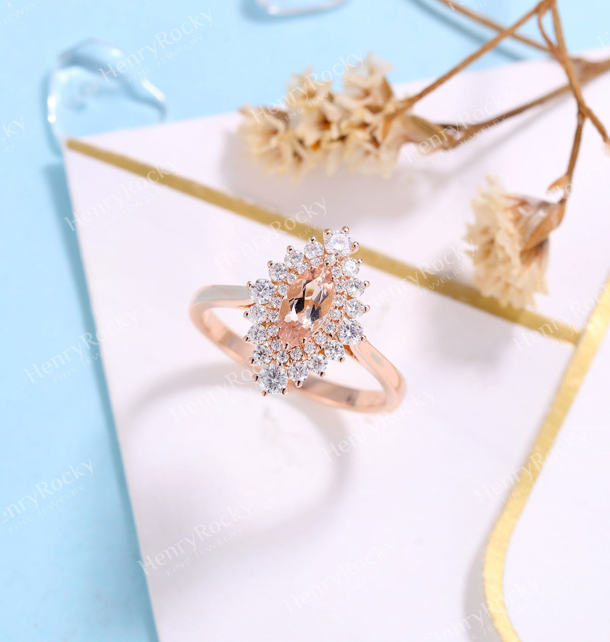 Antique Morganite engagement ring rose gold women | Vintage Marquise cut wedding ring |  Unique Halo Bridal ring | Anniversary gift for her