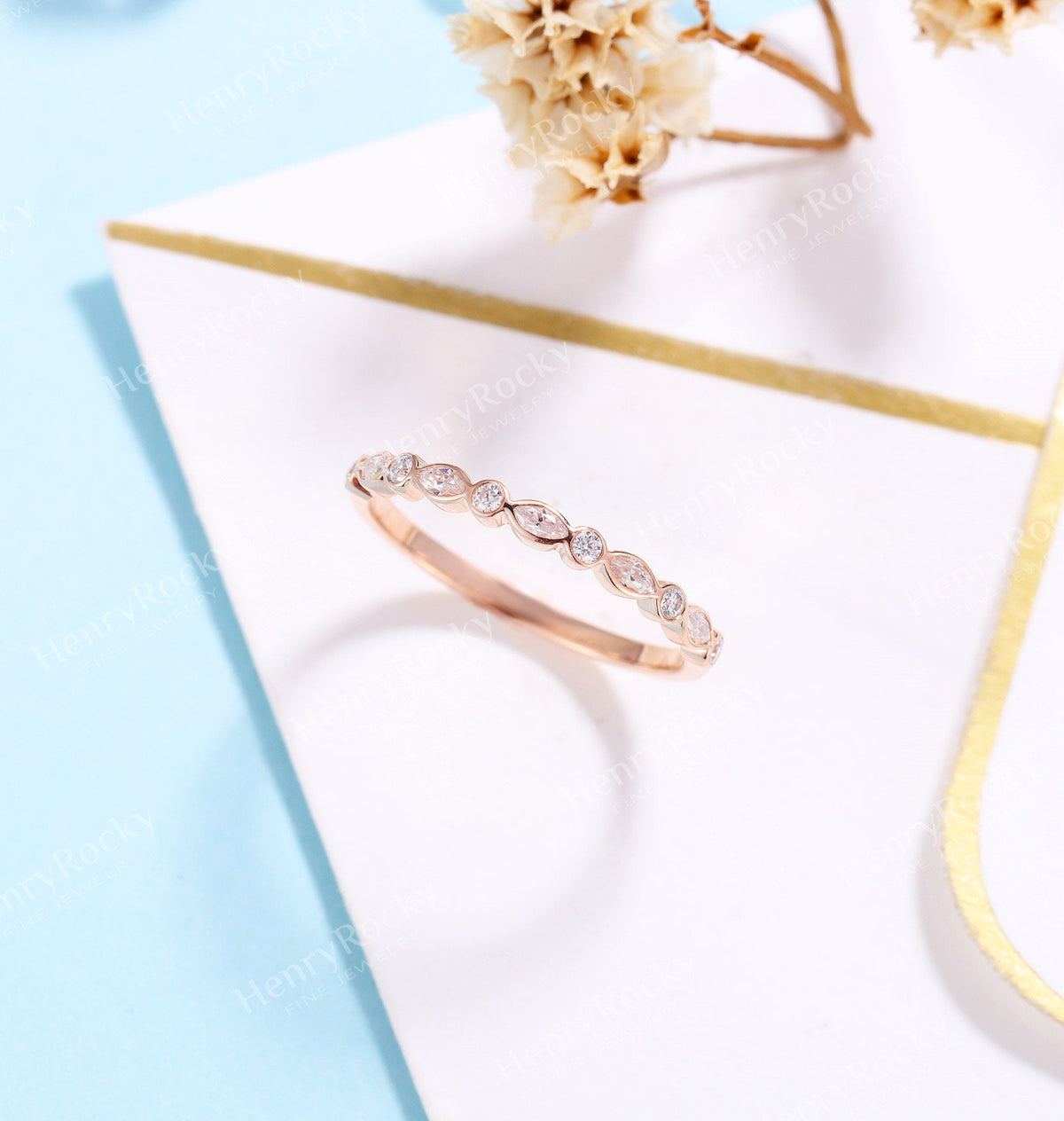 Art deco Moissanite Wedding Band Women | Vintage Marquise cut Matching Bridal Jewelry | Half eternity Promise Ring Anniversary Gift for her