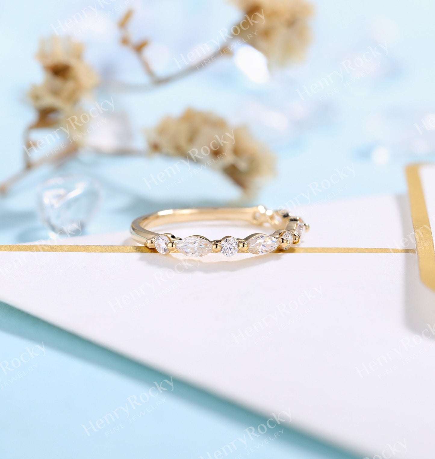 Art deco Moissanite Wedding Band Women | Vintage Marquise cut Matching Bridal Jewelry | Half eternity Promise Ring Anniversary Gift for her