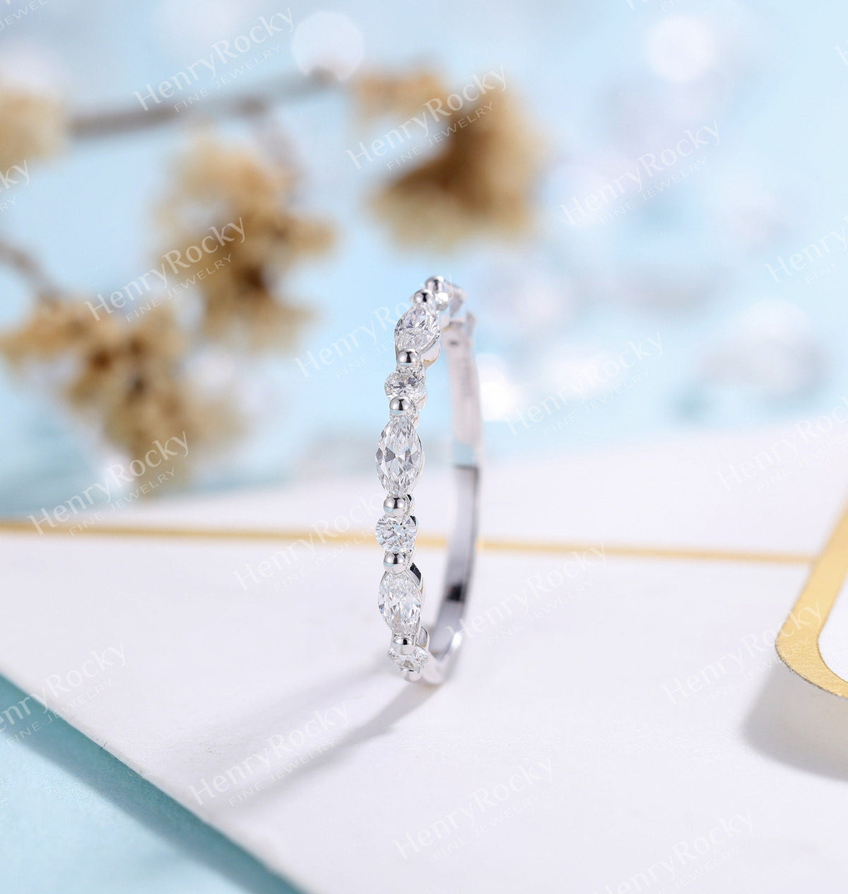 Art deco Moissanite Wedding Band Women | Vintage Marquise cut Matching Bridal Jewelry | Half eternity Promise Ring Anniversary Gift for her