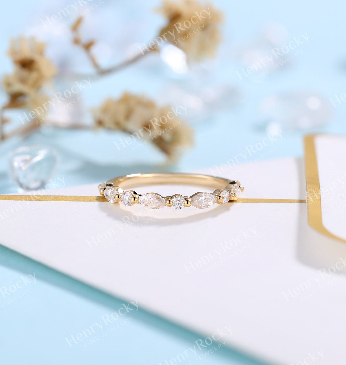 Art deco Moissanite Wedding Band Women | Vintage Marquise cut Matching Bridal Jewelry | Half eternity Promise Ring Anniversary Gift for her