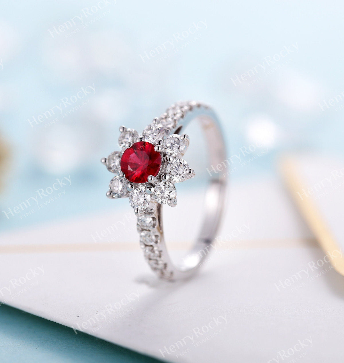Engagement Ring White Gold Women | Unique Lab ruby/Lab sapphire bridal ring | Art deco Moissanite jewelry | vintage anniversary gift for her