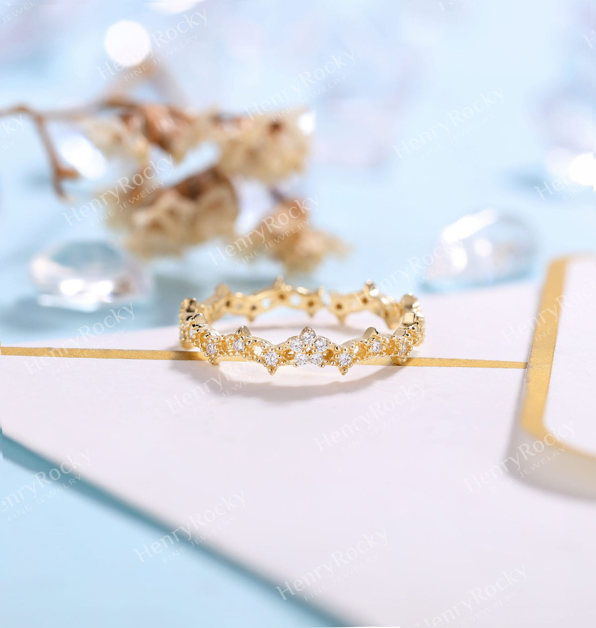 Delicate Diamond wedding band women | yellow gold band | unique bridal ring | floral wedding ring| promise ring anniversary gift for her