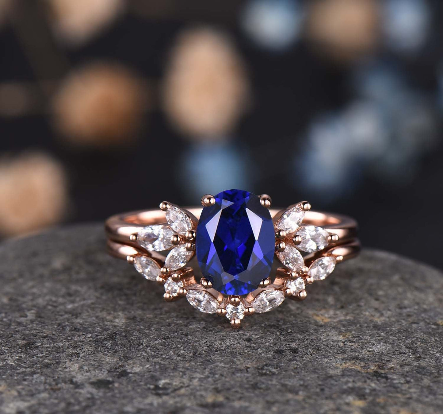 Vintage Moissanite Wedding Ring Set Oval Moissanite Engagement Ring Women Moissanite Stacking Matching Band 14K Rose Gold Half Eternity Ring
