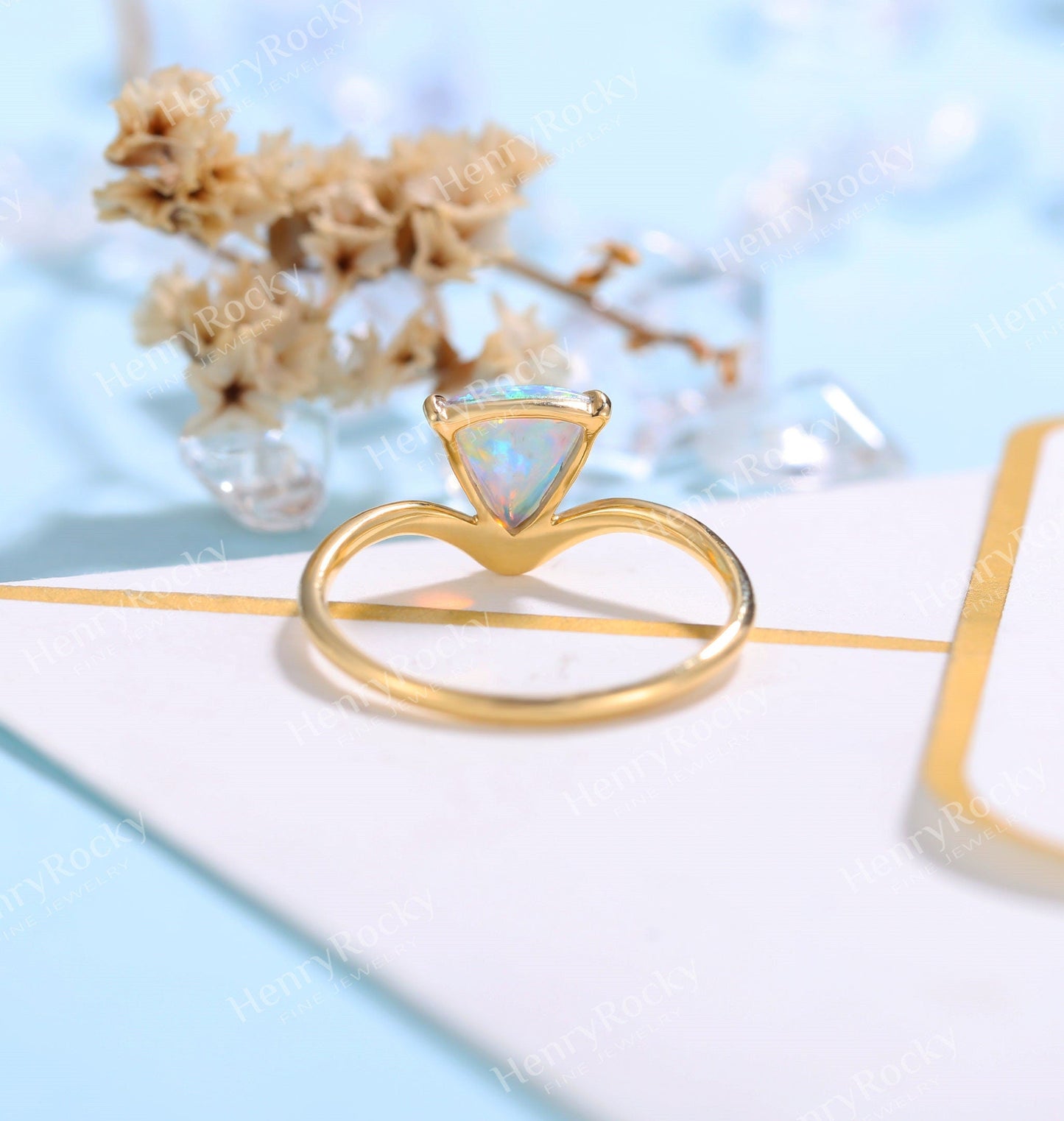 Art deco Opal Engagement Ring Women Yellow Gold | Antique Diamond Bridal Jewelry | Vintage triangle Promise Ring Anniversary Gift for Her