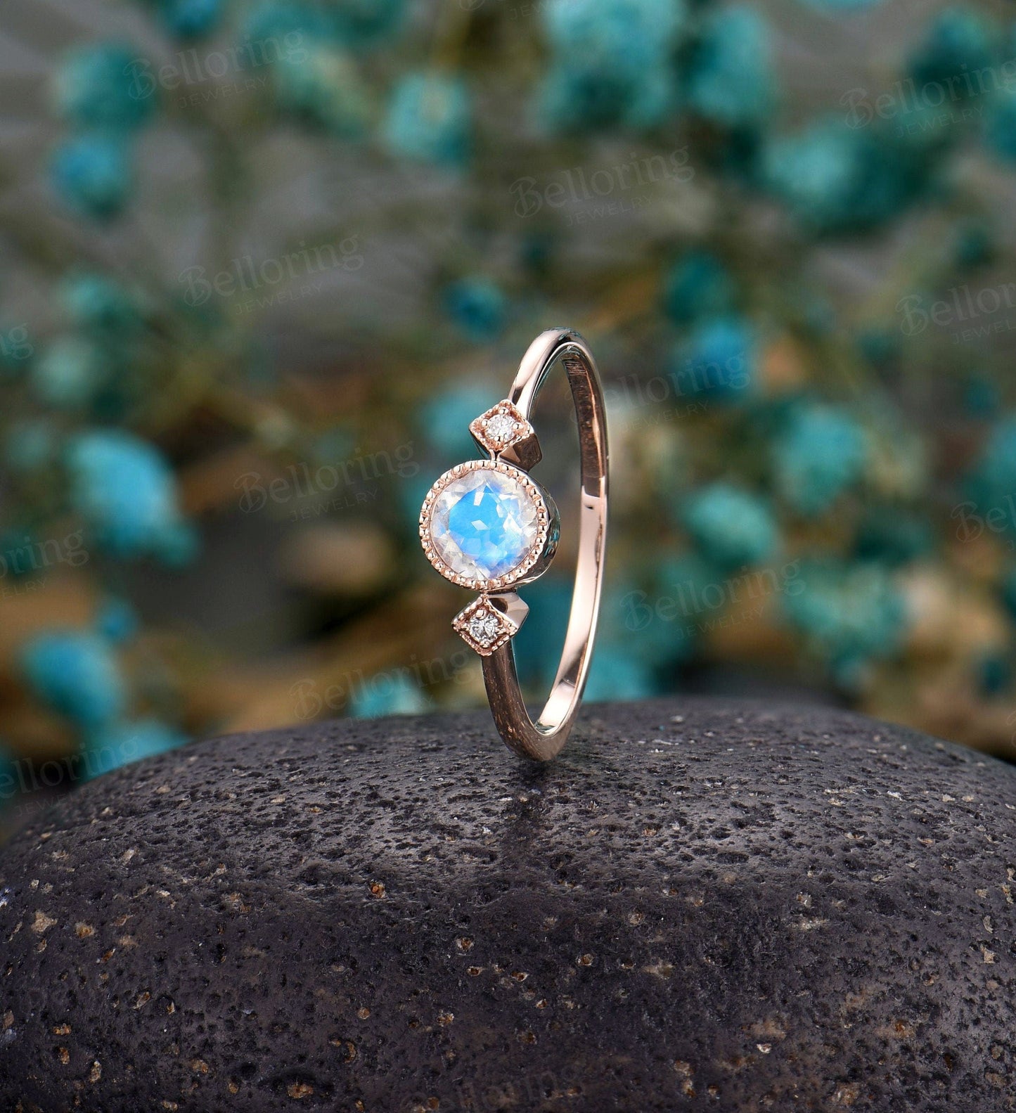 Moonstone engagement ring rose gold  diamond unique wedding milgrain Delicate vintage anniversary wedding ring wedding ring