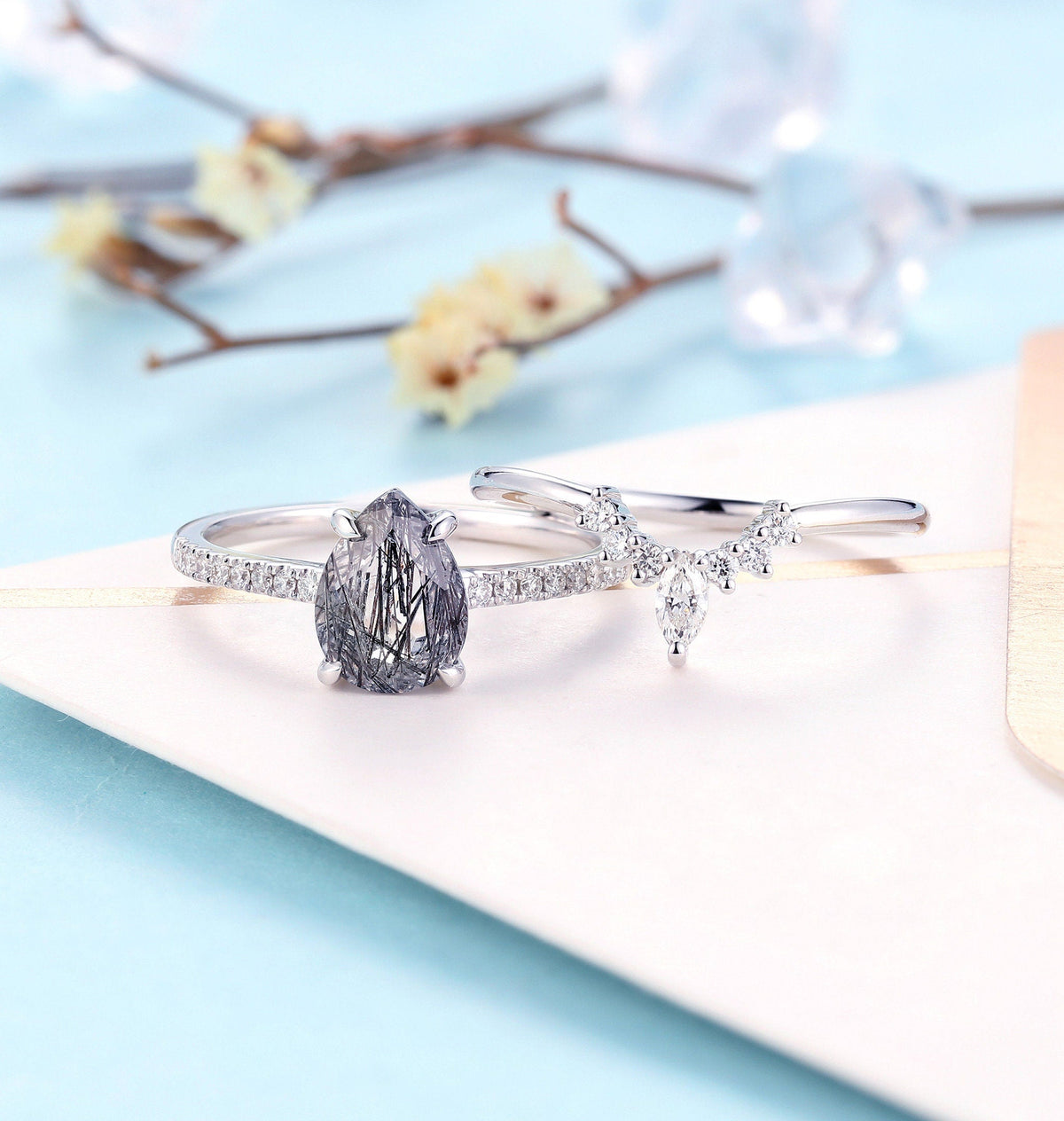Black Rutilated Quartz Engagement Ring Set | Art deco White Gold ring | Antique Bridal Set | Pear cut wedding ring| Anniversary promise ring