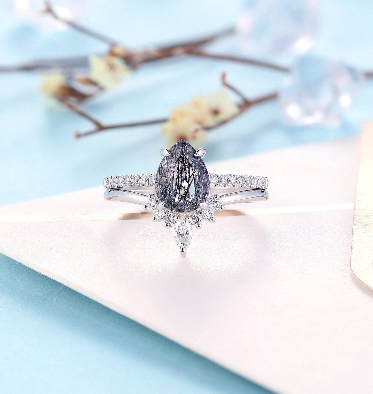 Black Rutilated Quartz Engagement Ring Set | Art deco White Gold ring | Antique Bridal Set | Pear cut wedding ring| Anniversary promise ring