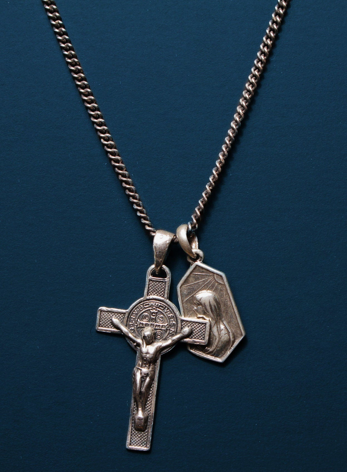 Men's silver Crucifix and Mary medal necklace