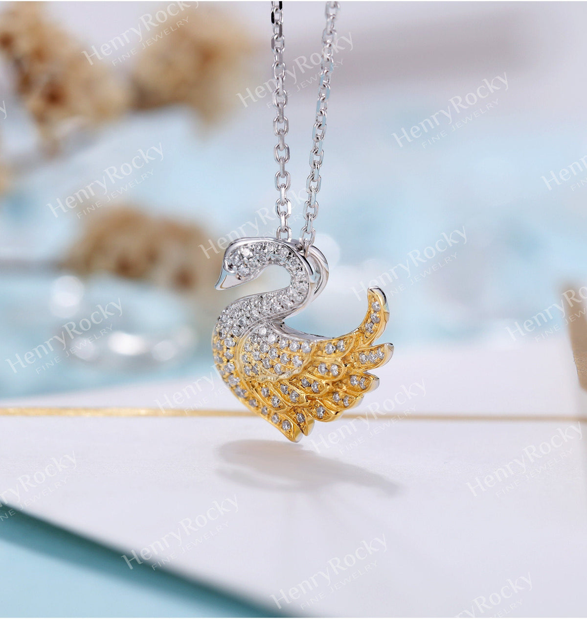 Diamond Pendant necklace women | Charm micro pave Swan Necklace | Unique Jewelry | Solid yellow gold necklace | Anniversary gift for her