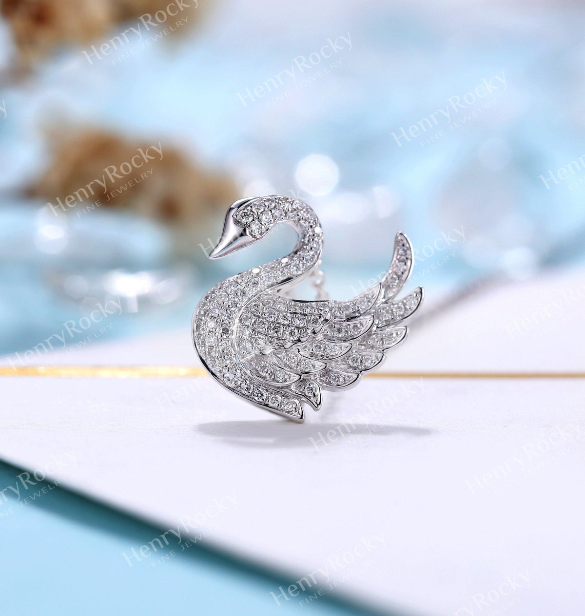 Diamond Pendant necklace women | Charm micro pave Swan Necklace | Unique necklace | Solid white gold necklace | Anniversary necklace