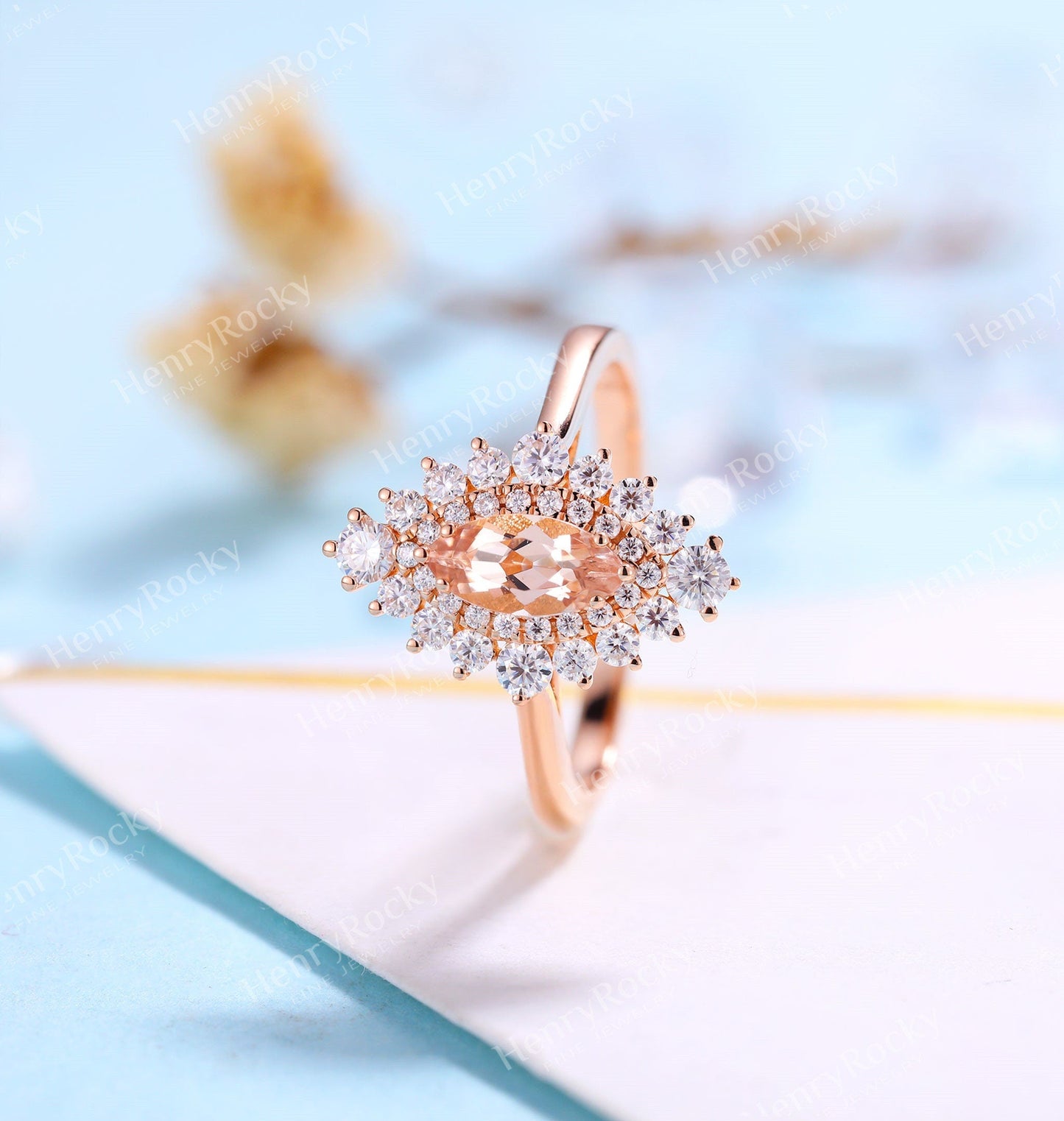 Antique Morganite engagement ring rose gold women | Vintage Marquise cut wedding ring |  Unique Halo Bridal ring | Anniversary gift for her